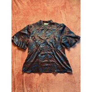 Worthington Women's Blouse Size 16 Satin Short Puff Sleeve Chevron Geometric Top